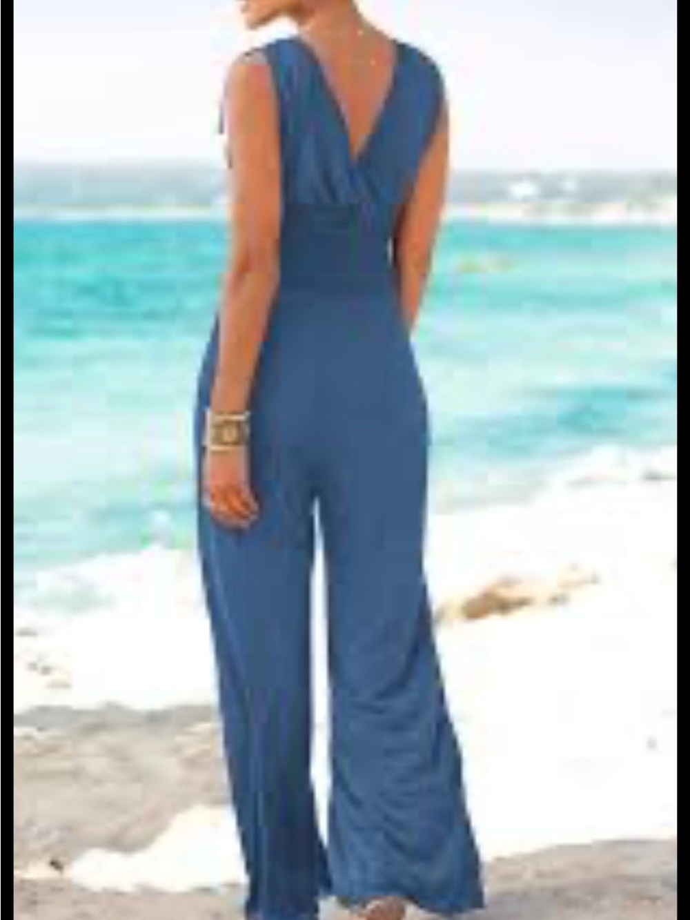 Blue Sleeveless V-Neck Smocked Waist Jumpsuit